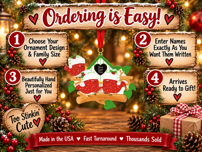 Hand-personalized cardinal family ornament with names and a Home Sweet Home heart.