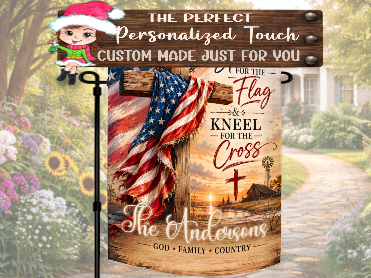 Christian patriotic yard flag featuring countryside sunset scene