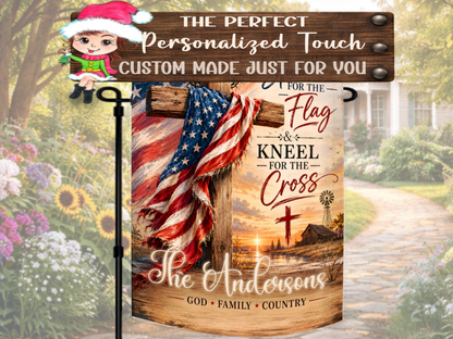 Christian patriotic yard flag featuring countryside sunset scene