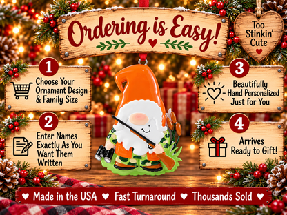 Hunter gnome ornament with a tall orange hat, matching vest, and green camouflage clothing.