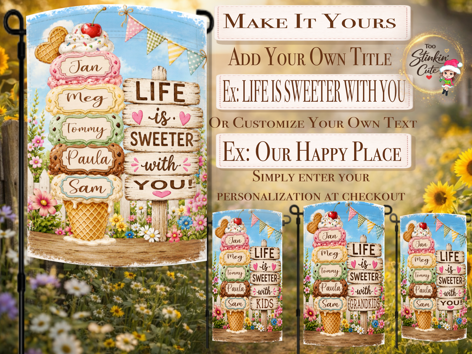 Custom summer garden flag featuring stacked ice cream scoops.