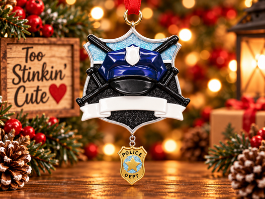 Personalized police officer Christmas ornament with navy hat, shield, crossed batons, and dangling badge