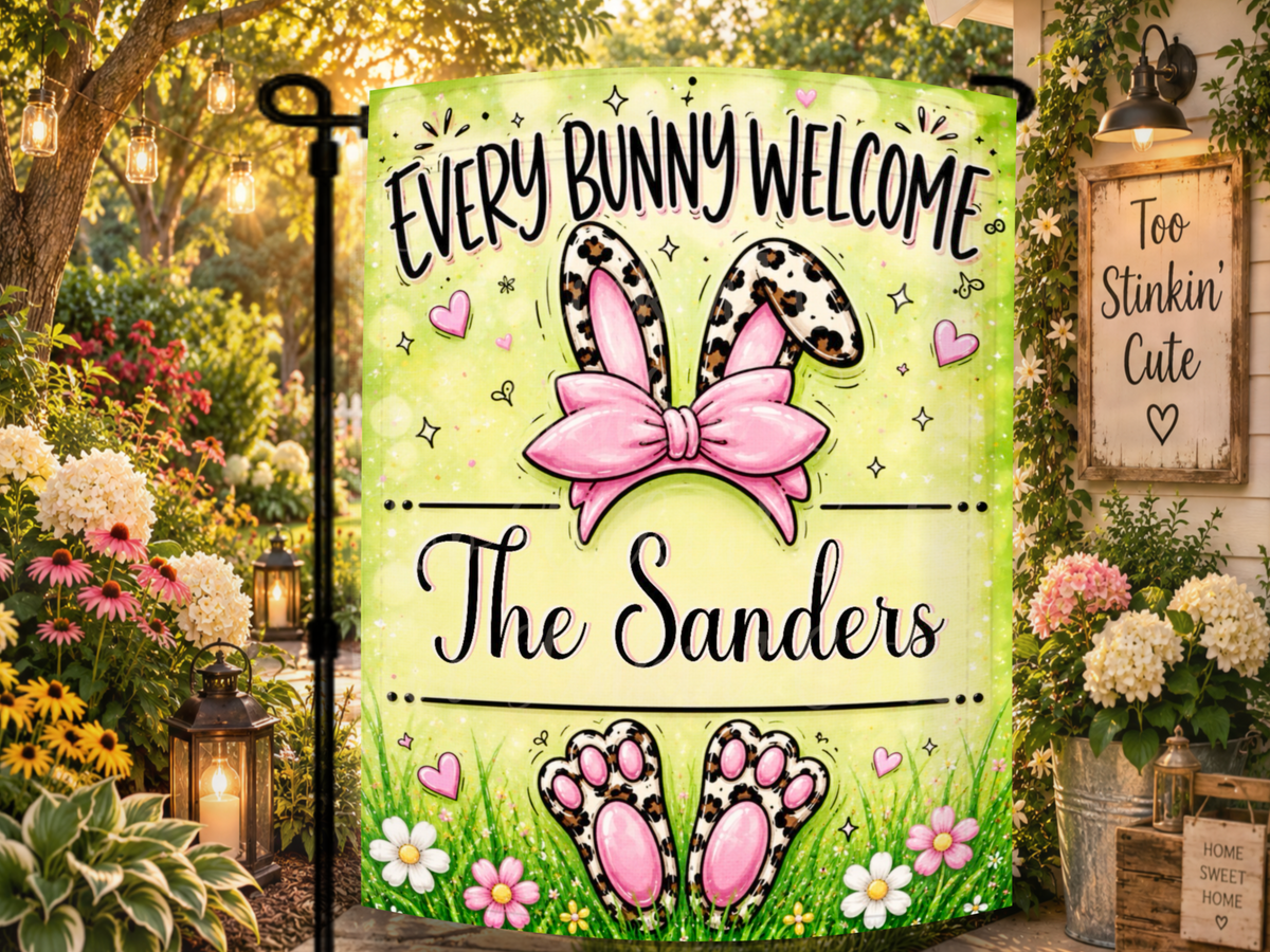Personalized bunny Easter flag for porches, patios, gardens, walkways, lawns, flower beds, housewarming gifts, and spring decorating.