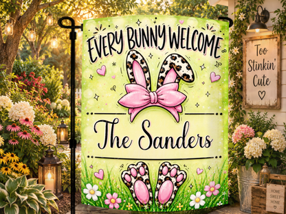 Personalized bunny Easter flag for porches, patios, gardens, walkways, lawns, flower beds, housewarming gifts, and spring decorating.