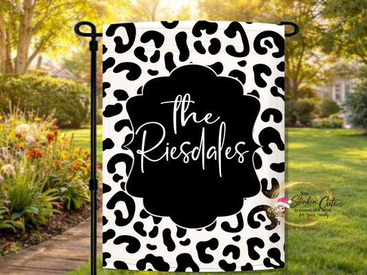 Personalized leopard print garden flag with custom family name