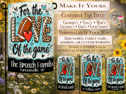 Custom leopard-print football flag featuring the Broach family and Greenville, SC