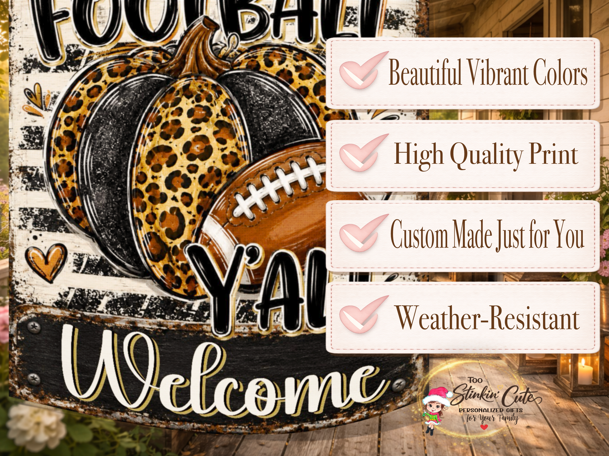 Fall welcome porch flag with football, pumpkin, hearts and distressed stripes