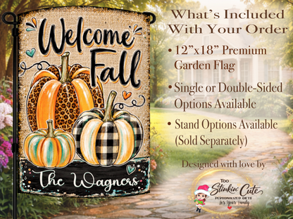 Leopard pumpkin garden flag featuring buffalo plaid, turquoise accents, and personalized family wording.