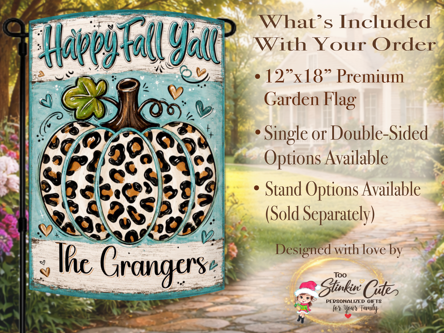 Personalized farmhouse fall flag displayed outdoors with a trendy leopard pumpkin and family name.
