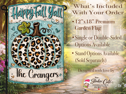 Personalized farmhouse fall flag displayed outdoors with a trendy leopard pumpkin and family name.
