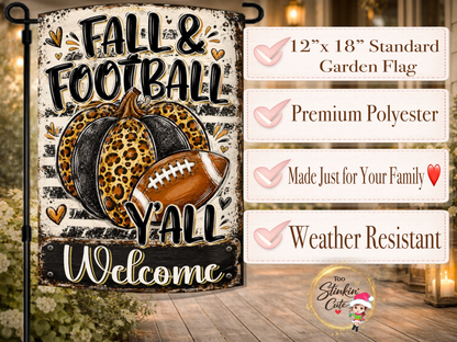 Boutique-style football yard flag featuring bold black and orange artwork