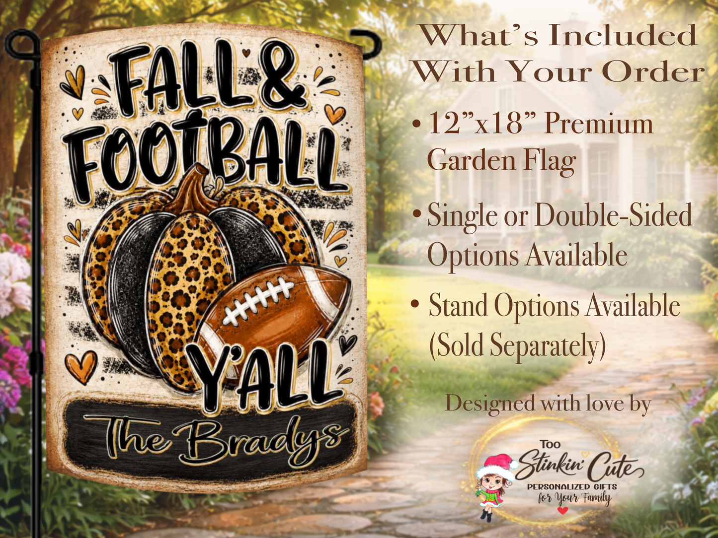 Boutique-style football garden flag featuring leopard print and distressed textures