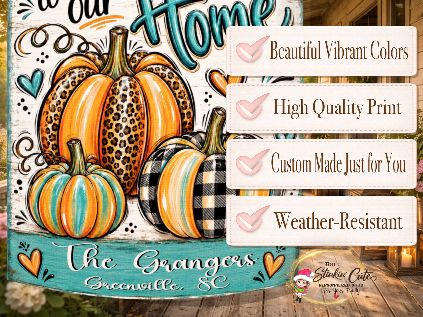 Personalized fall porch flag customized with a family name and city against a rustic whitewashed background.