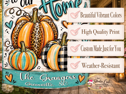Personalized fall porch flag customized with a family name and city against a rustic whitewashed background.