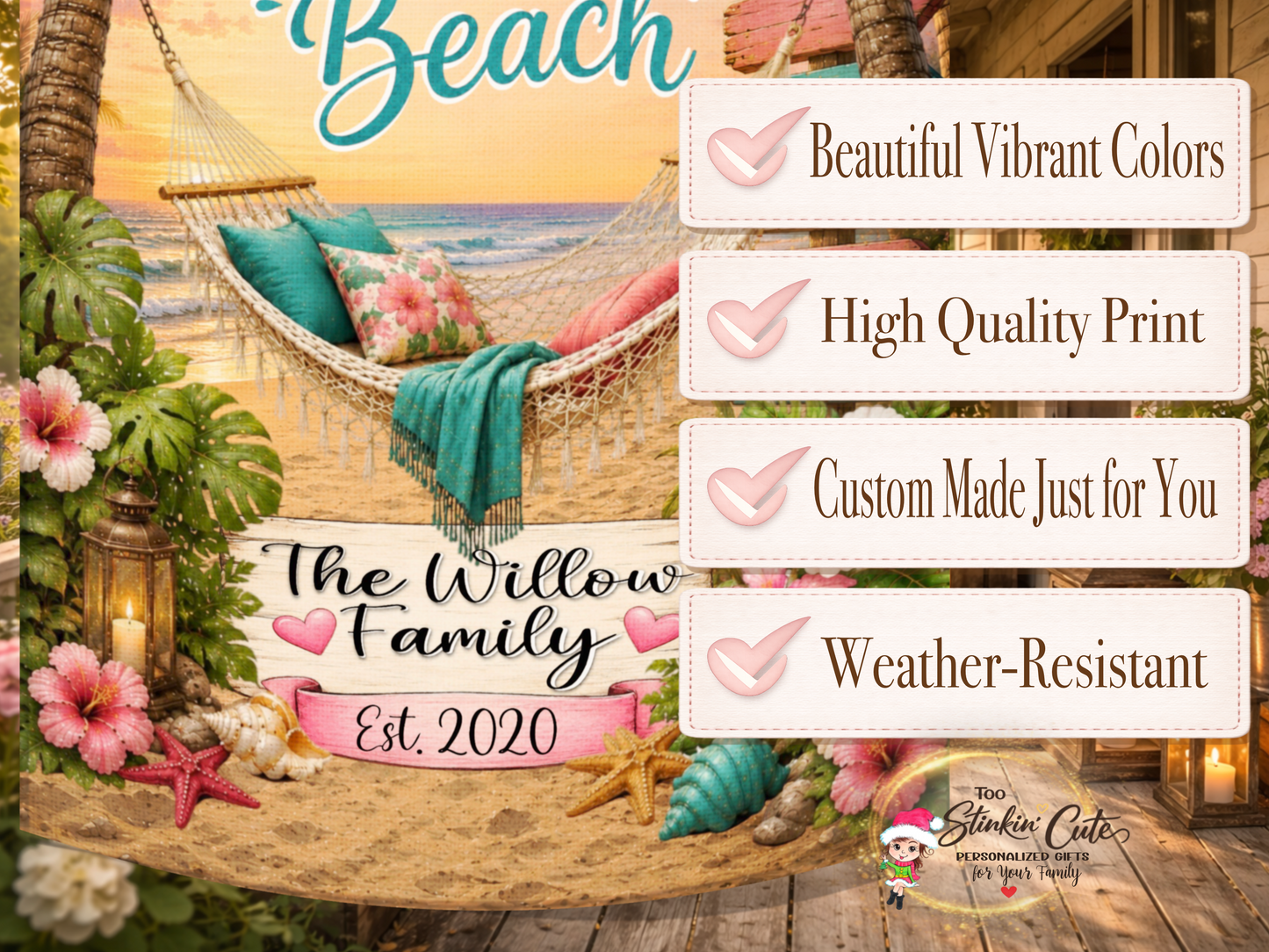 Tropical beach garden flag with custom family name.