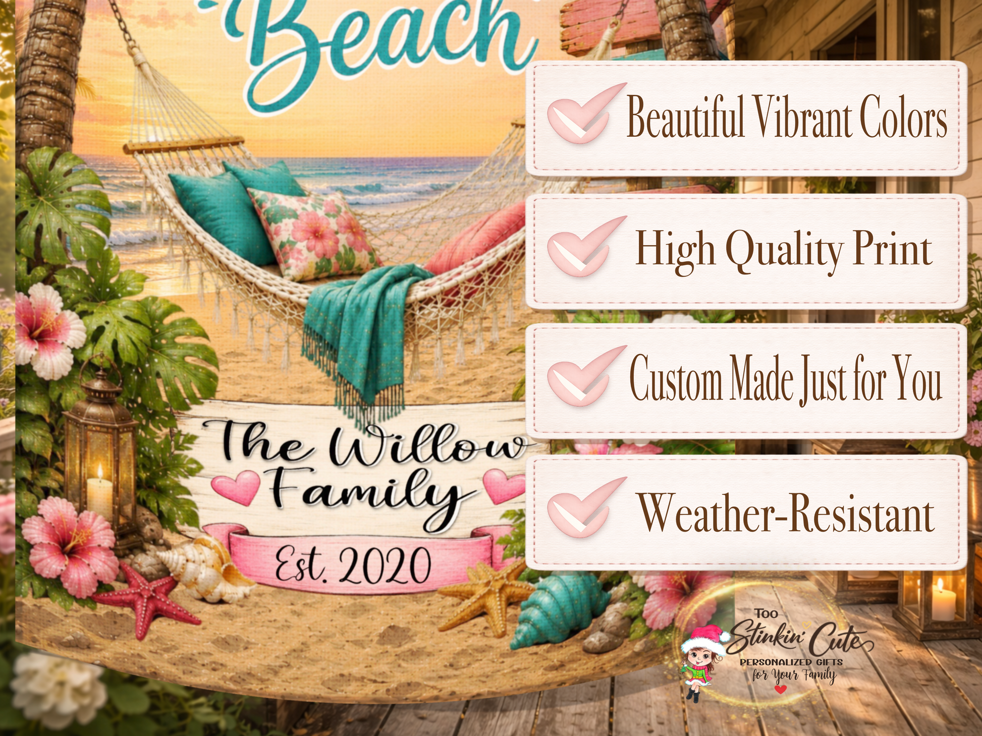 Tropical beach garden flag with custom family name.