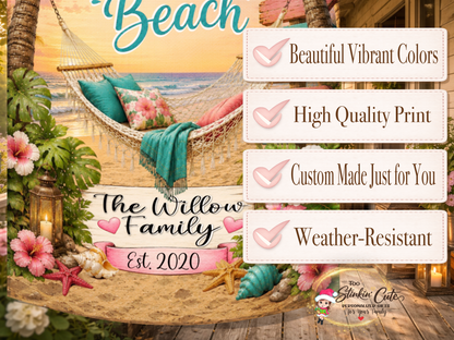 Tropical beach garden flag with custom family name.