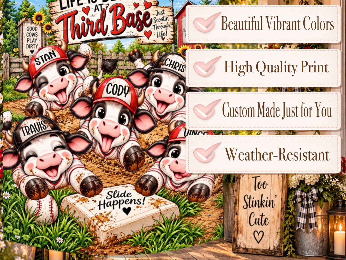 Personalized cow baseball garden flag with red and black hats, sunflowers, and rustic ballpark scenery.