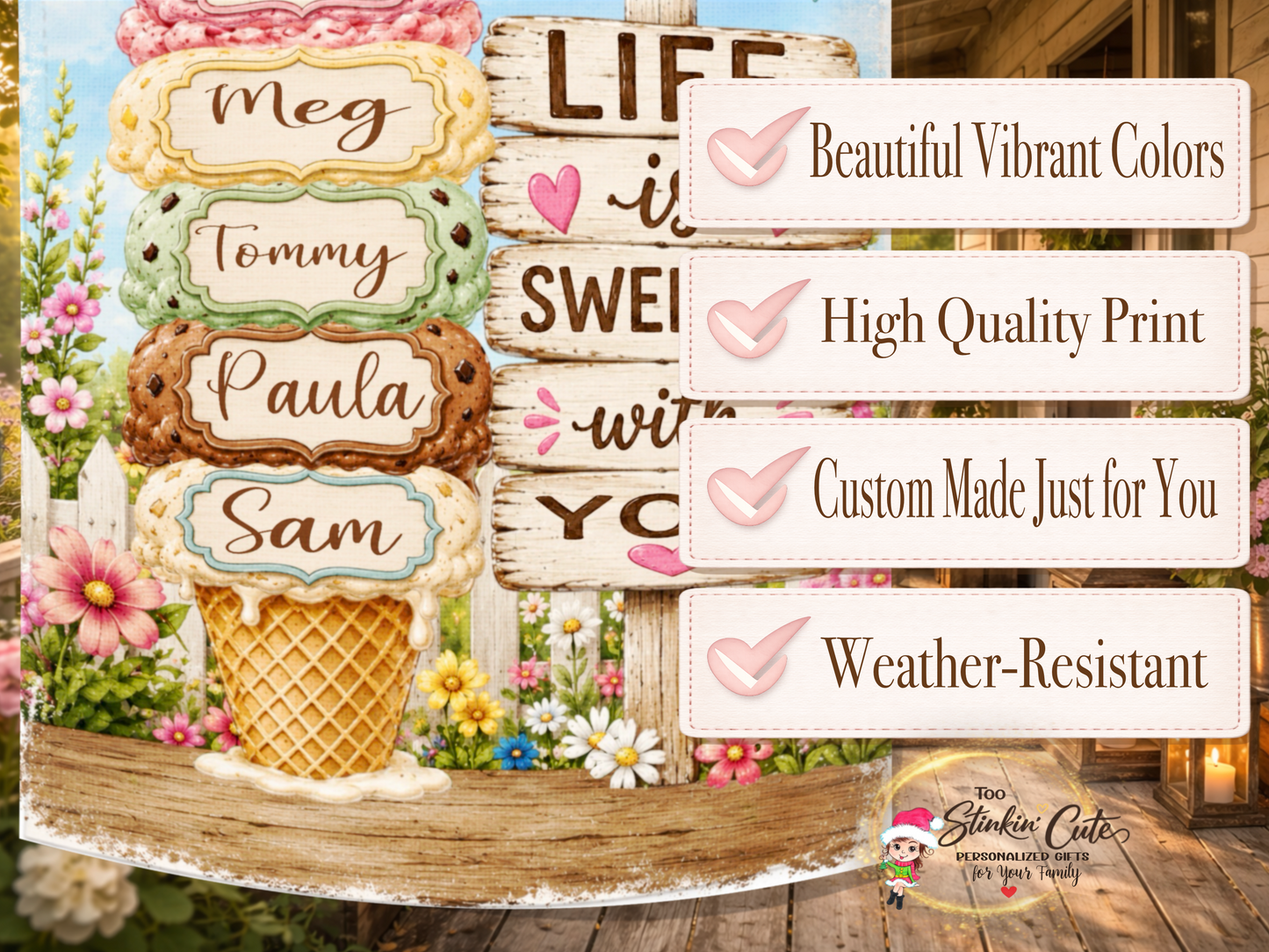 Grandkids personalized porch flag with ice cream cone.