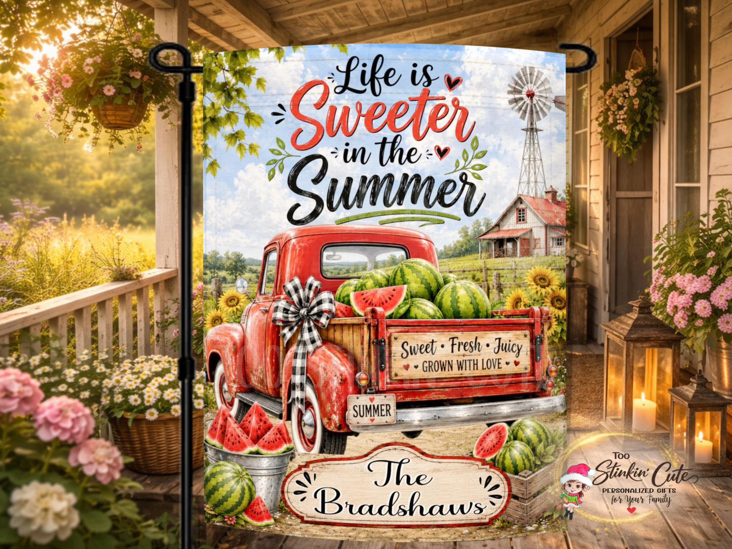 Personalized Life Is Sweeter in the Summer garden flag with vintage red truck and watermelons