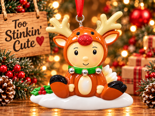 Personalized little reindeer Christmas ornament featuring a child in a festive costume
