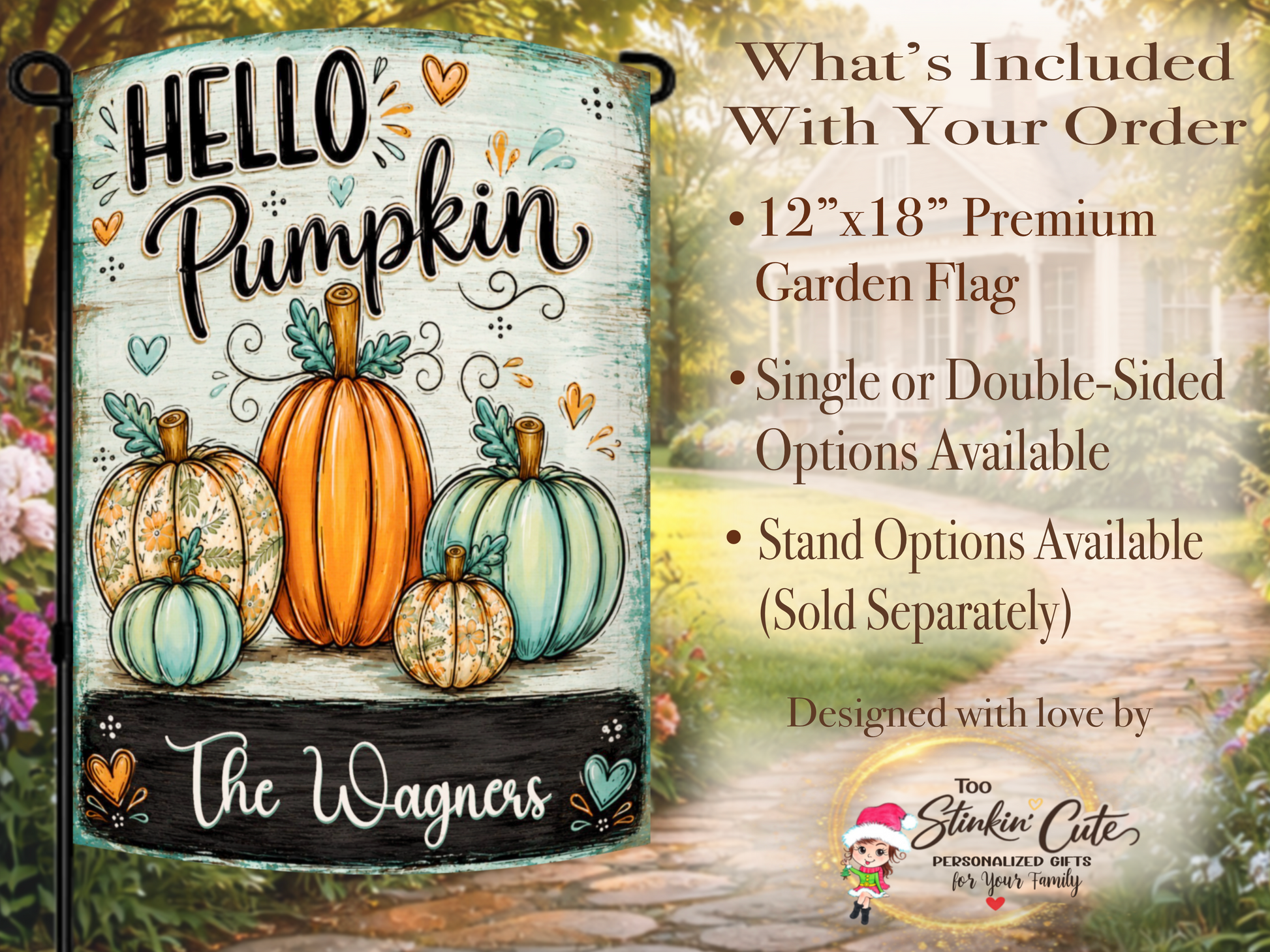 Personalized autumn garden flag displayed outdoors with pumpkins, sunflowers, and rustic country scenery.
