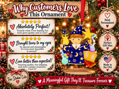 Hand-personalized magical boy ornament with an owl, potion, spell book, and stars.