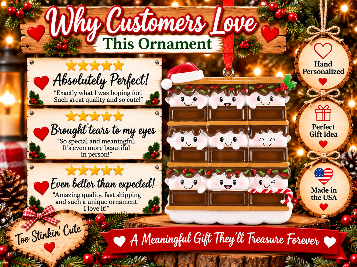 Nine-person marshmallow family ornament with blank chocolate-bar areas for personalized names.