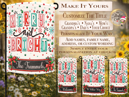 Custom family-name Christmas yard flag with red, pink, green, and teal Merry and Bright lettering on a festive white background.