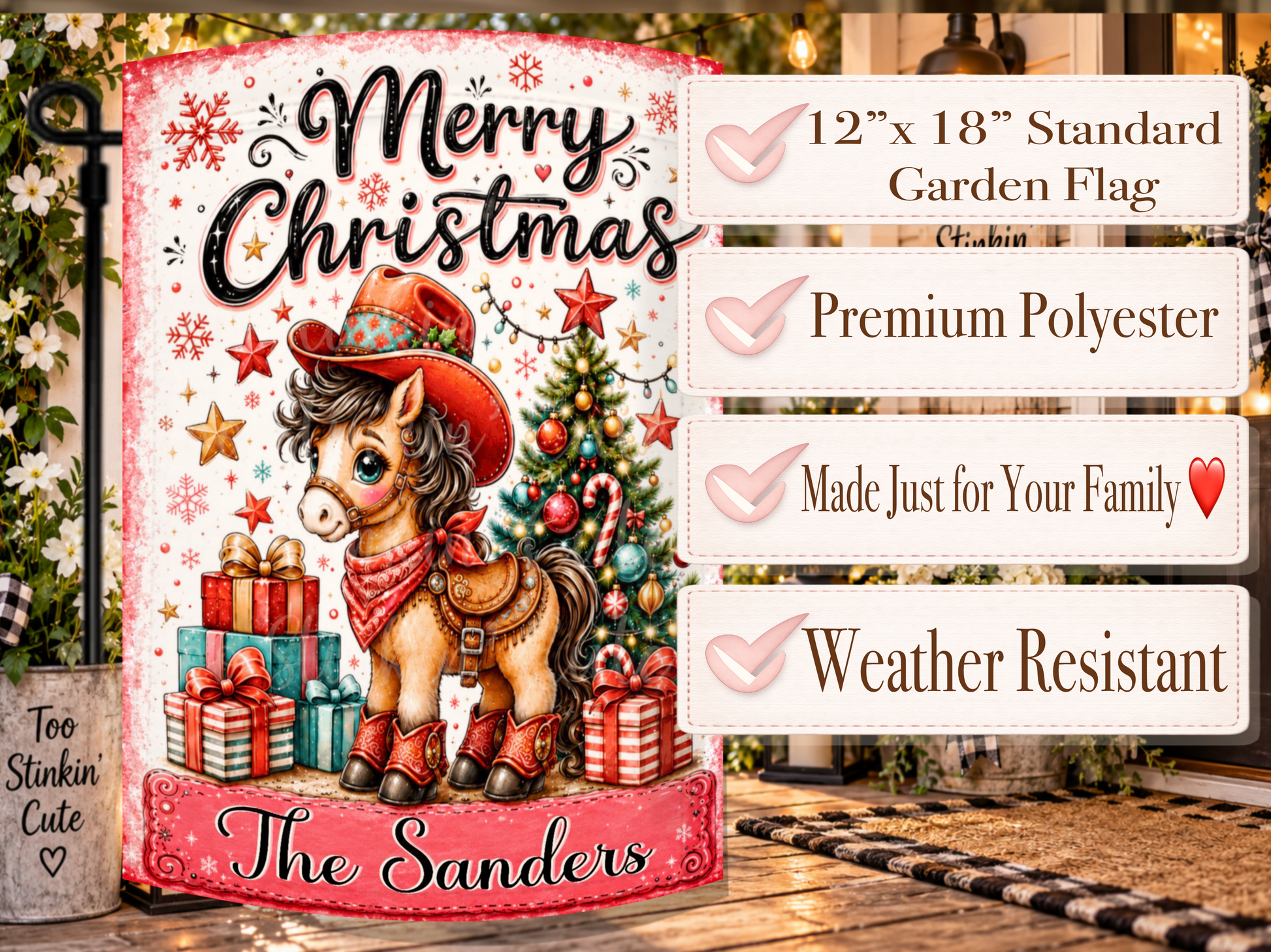Personalized equestrian Christmas porch flag with a cowgirl pony, red and teal decorations, and custom wording on a pink plaque.