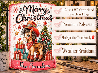 Personalized equestrian Christmas porch flag with a cowgirl pony, red and teal decorations, and custom wording on a pink plaque.