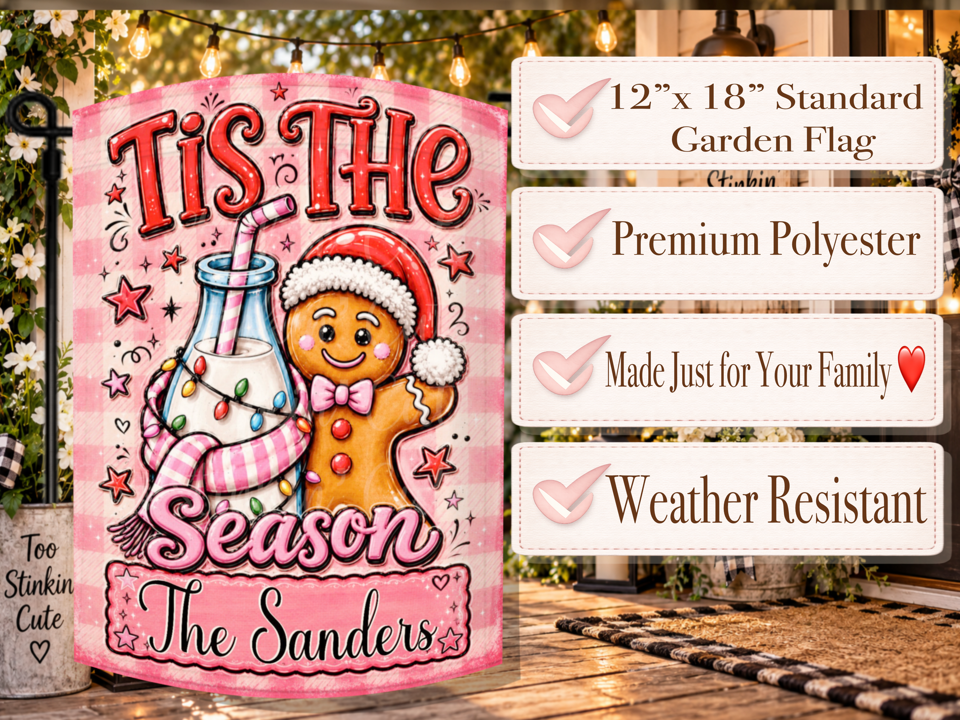 Milk and cookies Christmas porch flag with colorful string lights, candy-inspired details, festive lettering, and custom personalization.