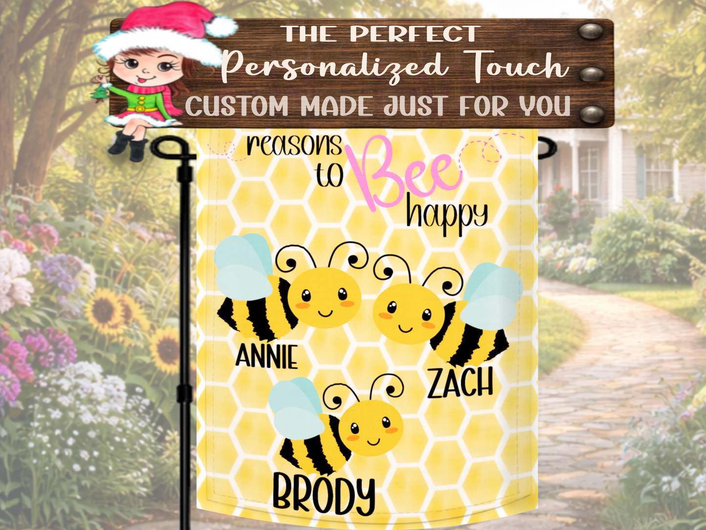 Yellow honeycomb garden flag with custom bee family design