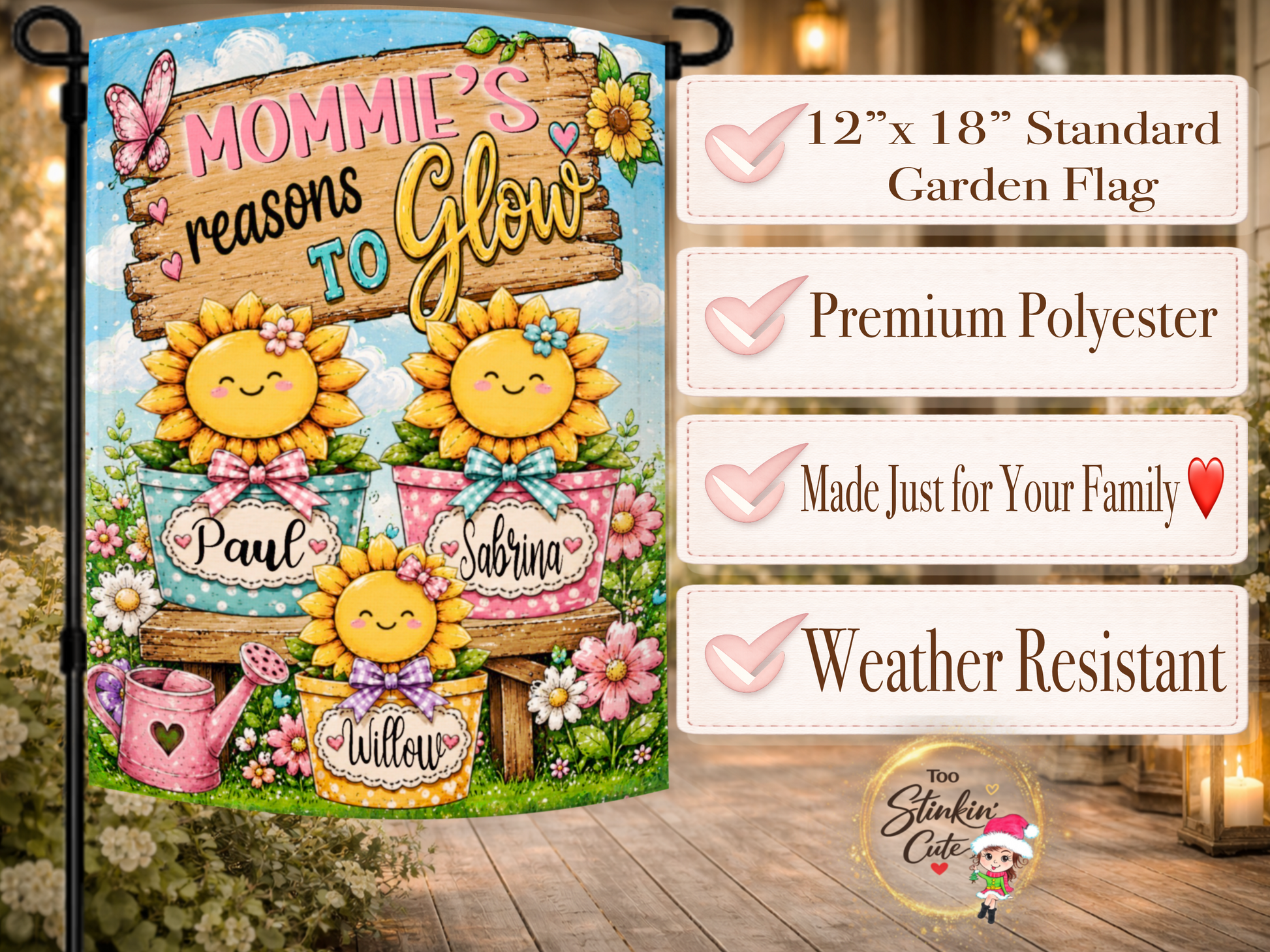 Mom garden flag featuring individual names on sunflower pots