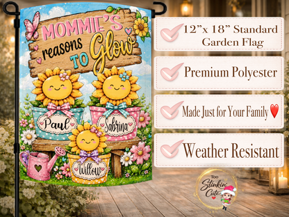 Mom garden flag featuring individual names on sunflower pots