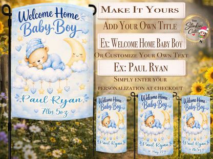 Blue baby boy birth announcement garden flag with custom name