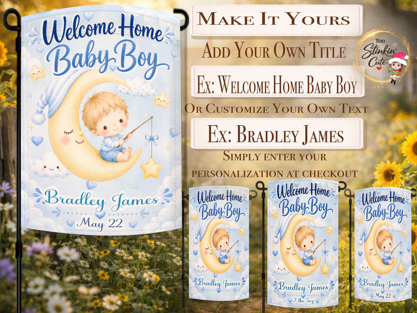 Welcome home baby boy flag featuring baby fishing on moon