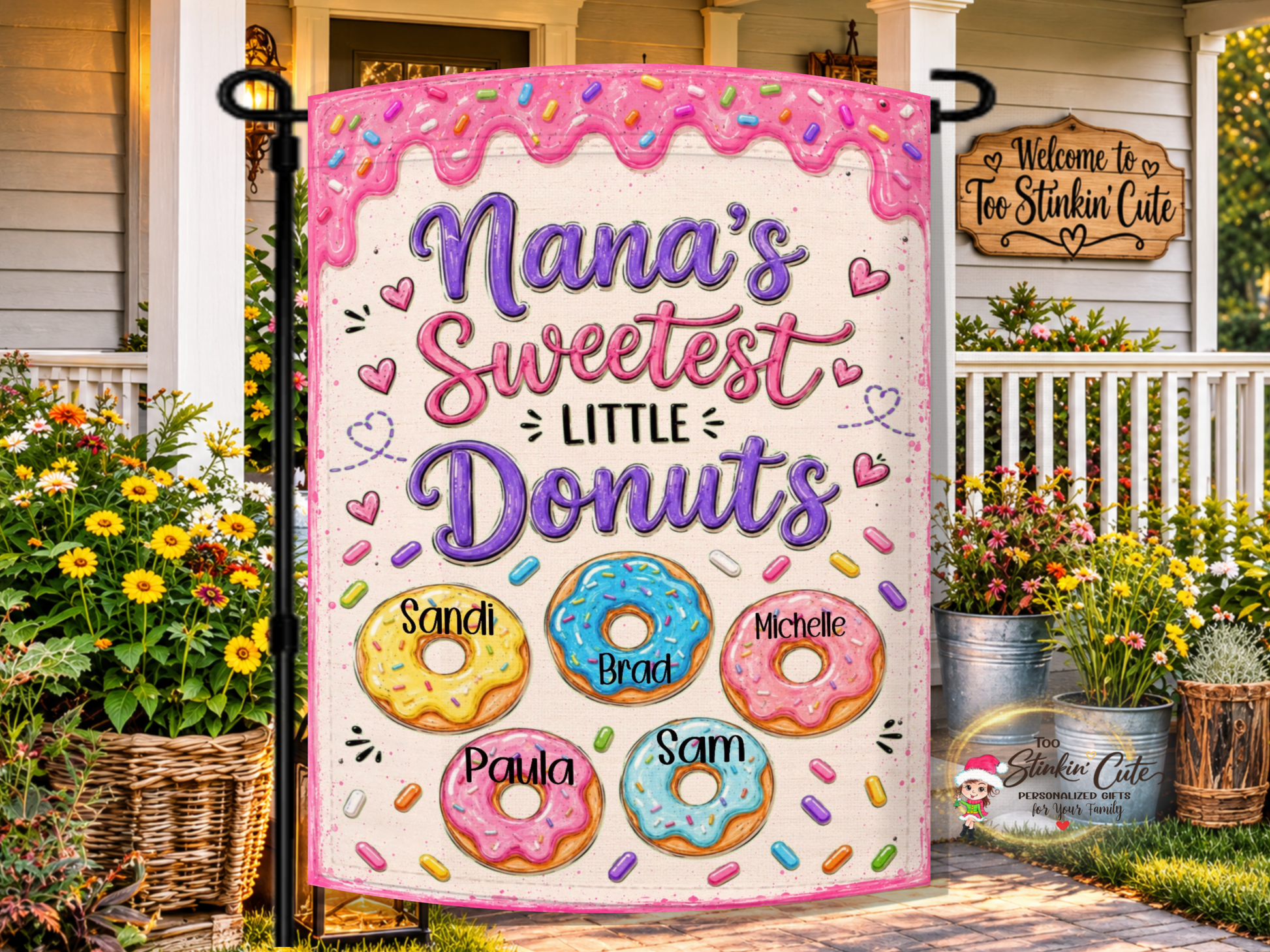 Personalized Nana’s Sweetest Little Donuts garden flag with five grandkids’ names