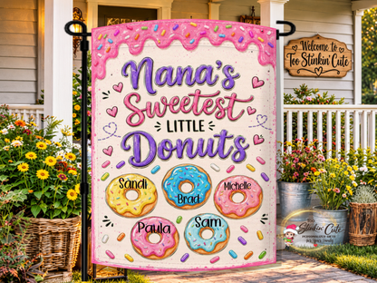 Personalized Nana’s Sweetest Little Donuts garden flag with five grandkids’ names