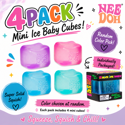 Colorful promotional graphic for a NeeDoh Mini Ice Baby 4-pack featuring four individually wrapped mini ice cube squishies in random colors. Perfect sensory fidget toys for kids, teens, and adults. Available from Too Stinkin' Cute Gifts.