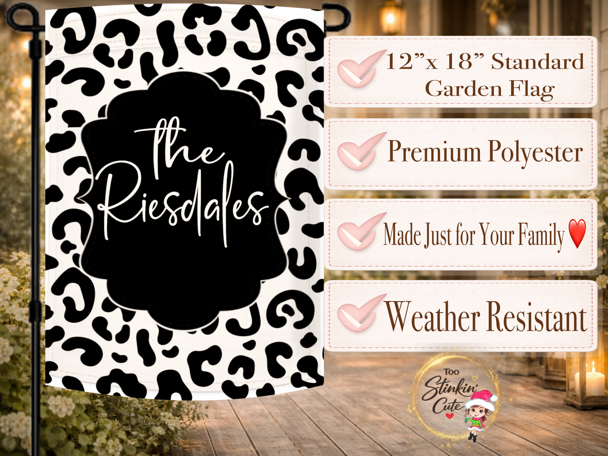 Modern black and white monogram garden flag for front porch
