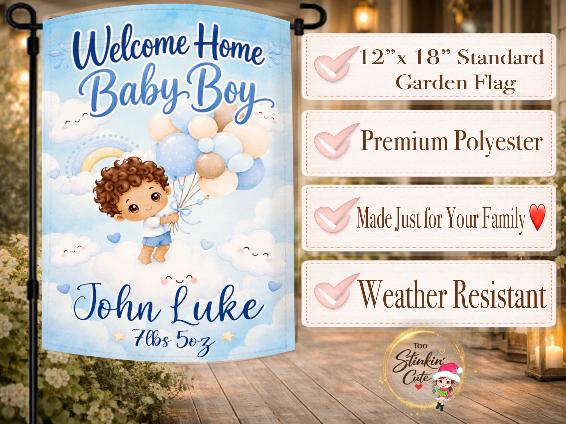 Welcome home baby boy outdoor flag with custom name and weight