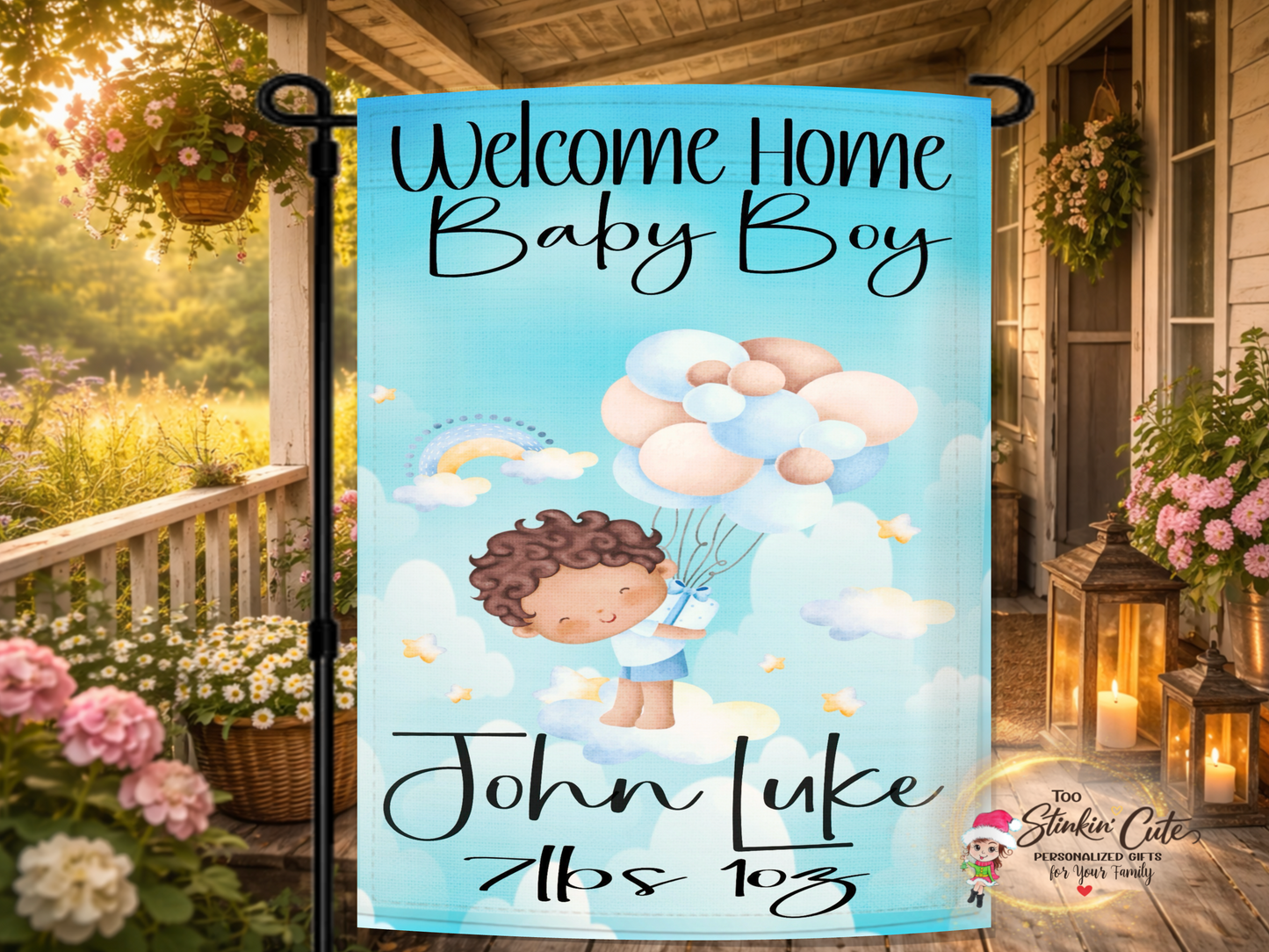 ersonalized welcome home baby boy garden flag with baby holding balloons