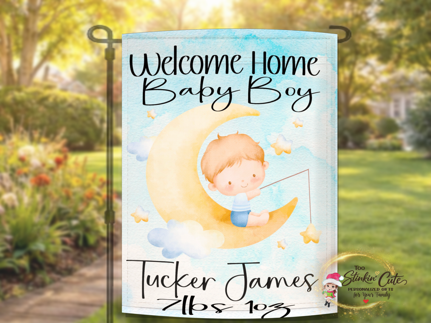 Welcome Home Baby Boy garden flag with cute moon fishing design and custom baby information