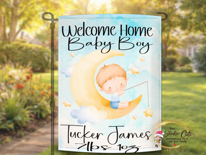 Welcome Home Baby Boy garden flag with cute moon fishing design and custom baby information