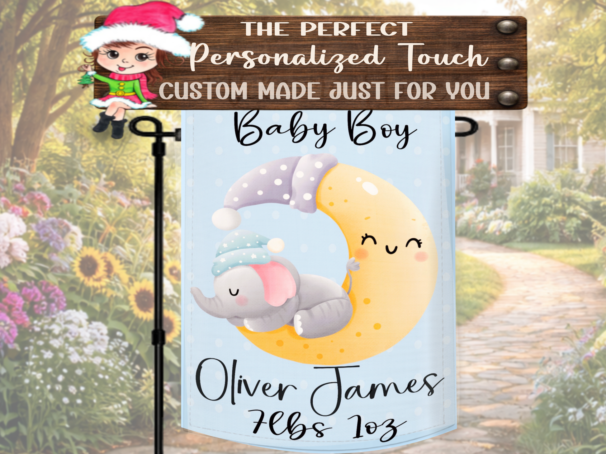 Cute elephant moon garden flag for welcome home baby celebration