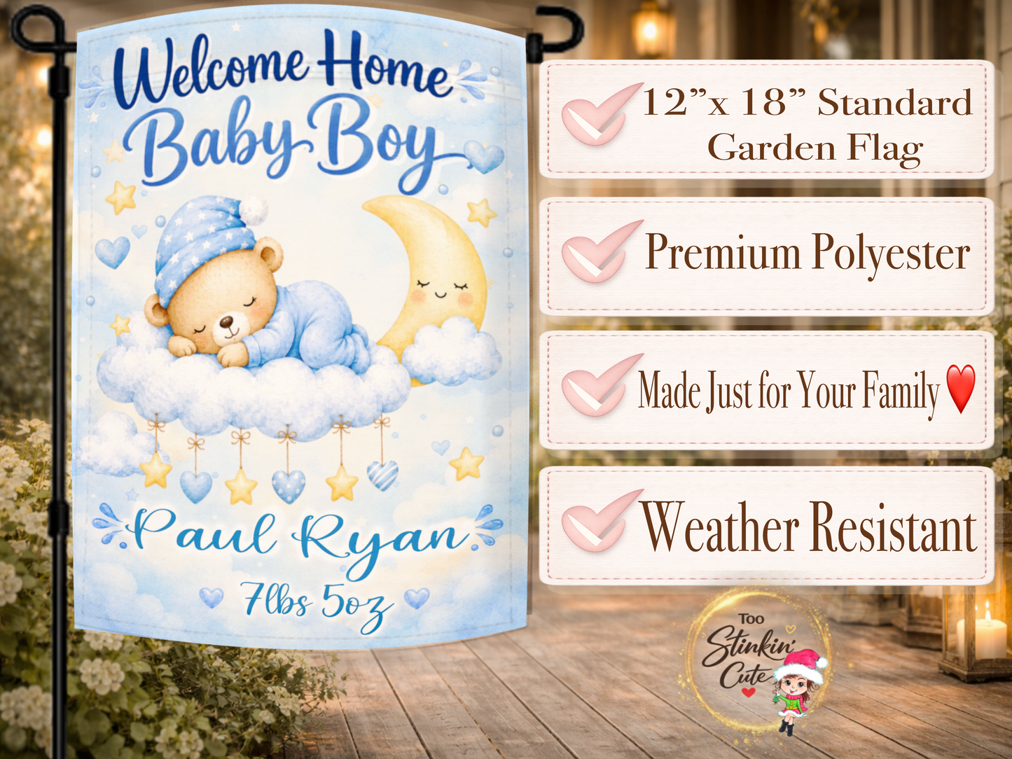 Personalized baby boy porch flag with birth weight