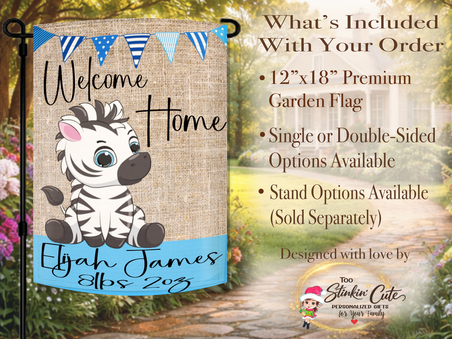 Welcome home baby boy garden flag with blue bunting and zebra artwork