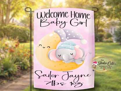 Cute sleeping elephant welcome home baby girl keepsake garden flag
