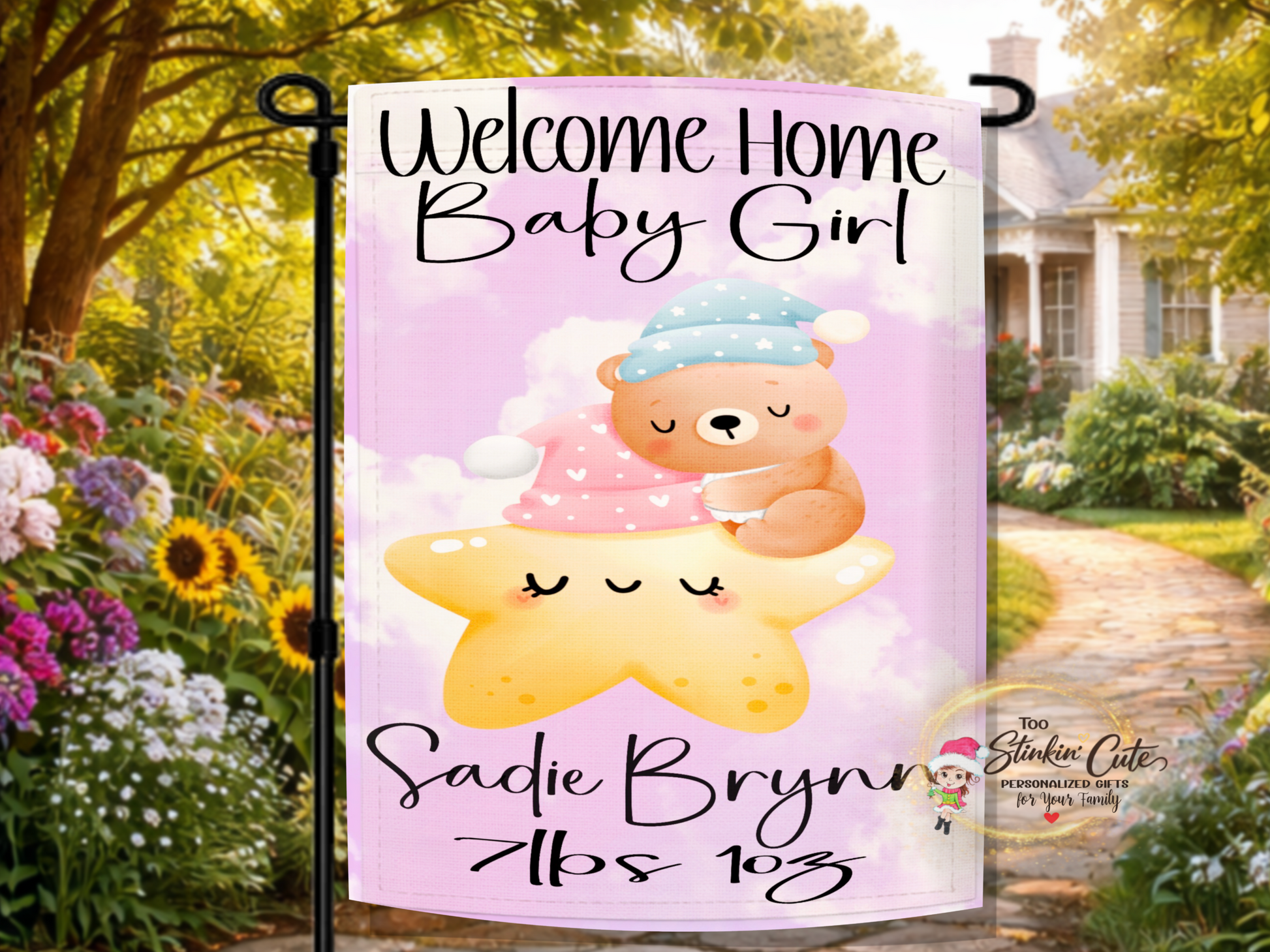 Personalized welcome home baby girl garden flag with sleepy teddy bear and star design